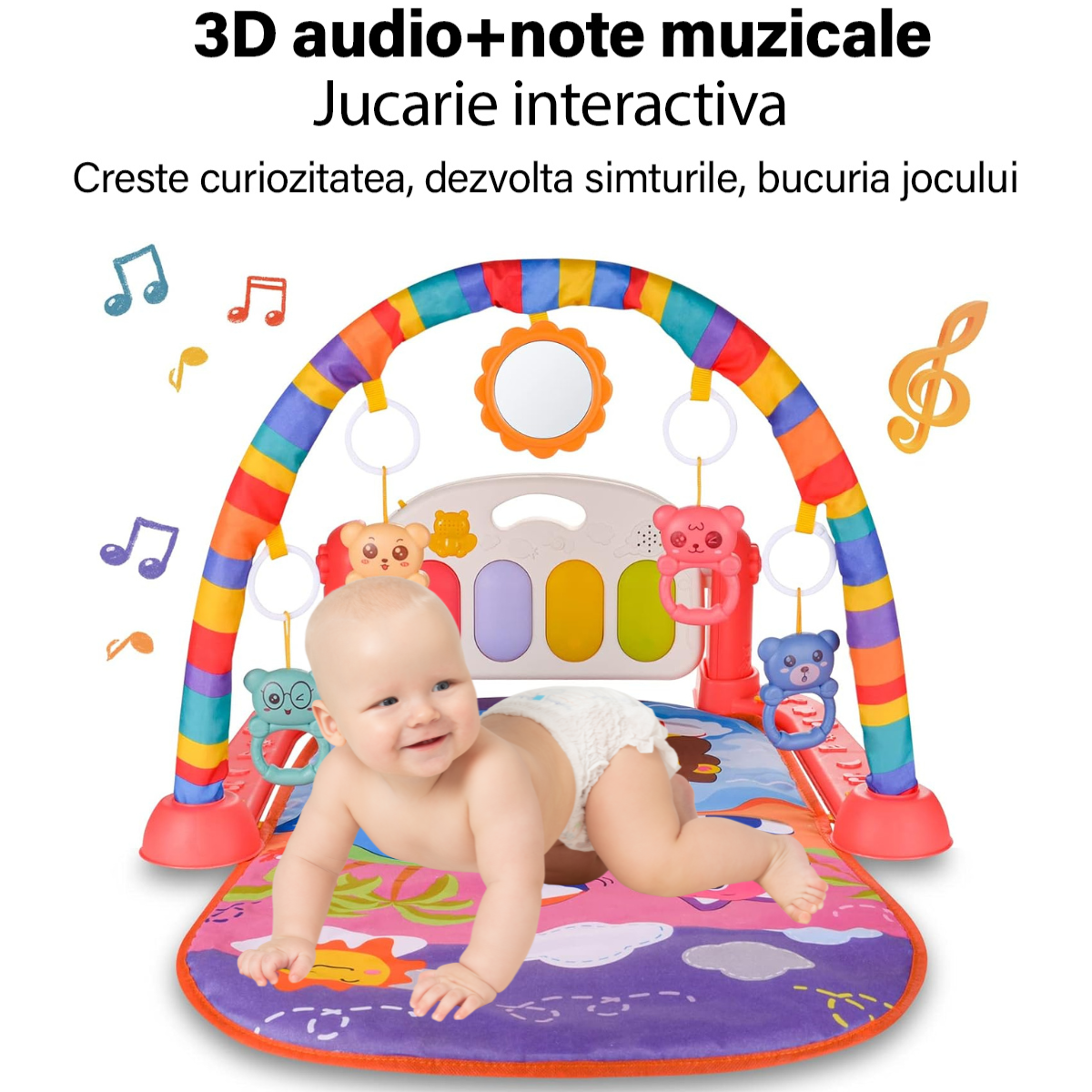 Saltea de activitati pentru bebelusi, VisionHub®, cu Jucarii interactive, 4 in 1 cu muzica si luminite, jucarie muzicala baieti si fete, rosu, 0 luni +