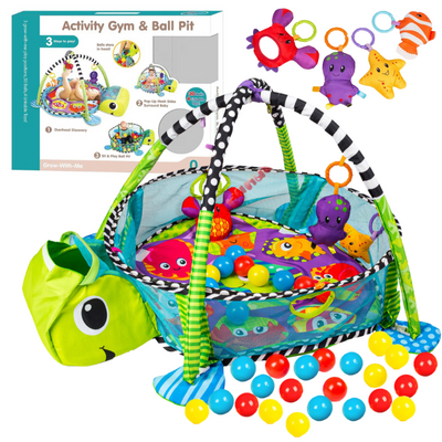 Centru de activitati multifunctional interactiv pentru copii si bebelusi, VisionHub®, 3 in 1 tip tarc, cu Bile moi multicolore si Jucarii interactive, tip Broscuta, 0 luni +