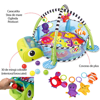 Centru de activitati multifunctional interactiv pentru copii si bebelusi, VisionHub®, 3 in 1 tip tarc, cu Bile moi multicolore si Jucarii interactive, tip Broscuta, 0 luni +