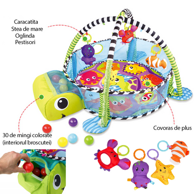 Centru de activitati multifunctional interactiv pentru copii si bebelusi, VisionHub®, 3 in 1 tip tarc, cu Bile moi multicolore si Jucarii interactive, tip Broscuta, 0 luni +