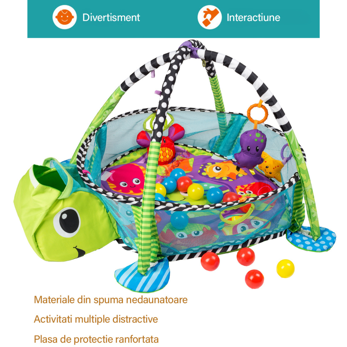 Centru de activitati multifunctional interactiv pentru copii si bebelusi, VisionHub®, 3 in 1 tip tarc, cu Bile moi multicolore si Jucarii interactive, tip Broscuta, 0 luni +