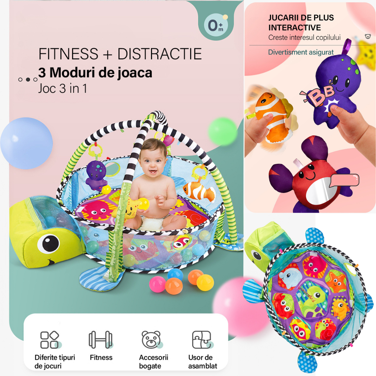 Centru de activitati multifunctional interactiv pentru copii si bebelusi, VisionHub®, 3 in 1 tip tarc, cu Bile moi multicolore si Jucarii interactive, tip Broscuta, 0 luni +