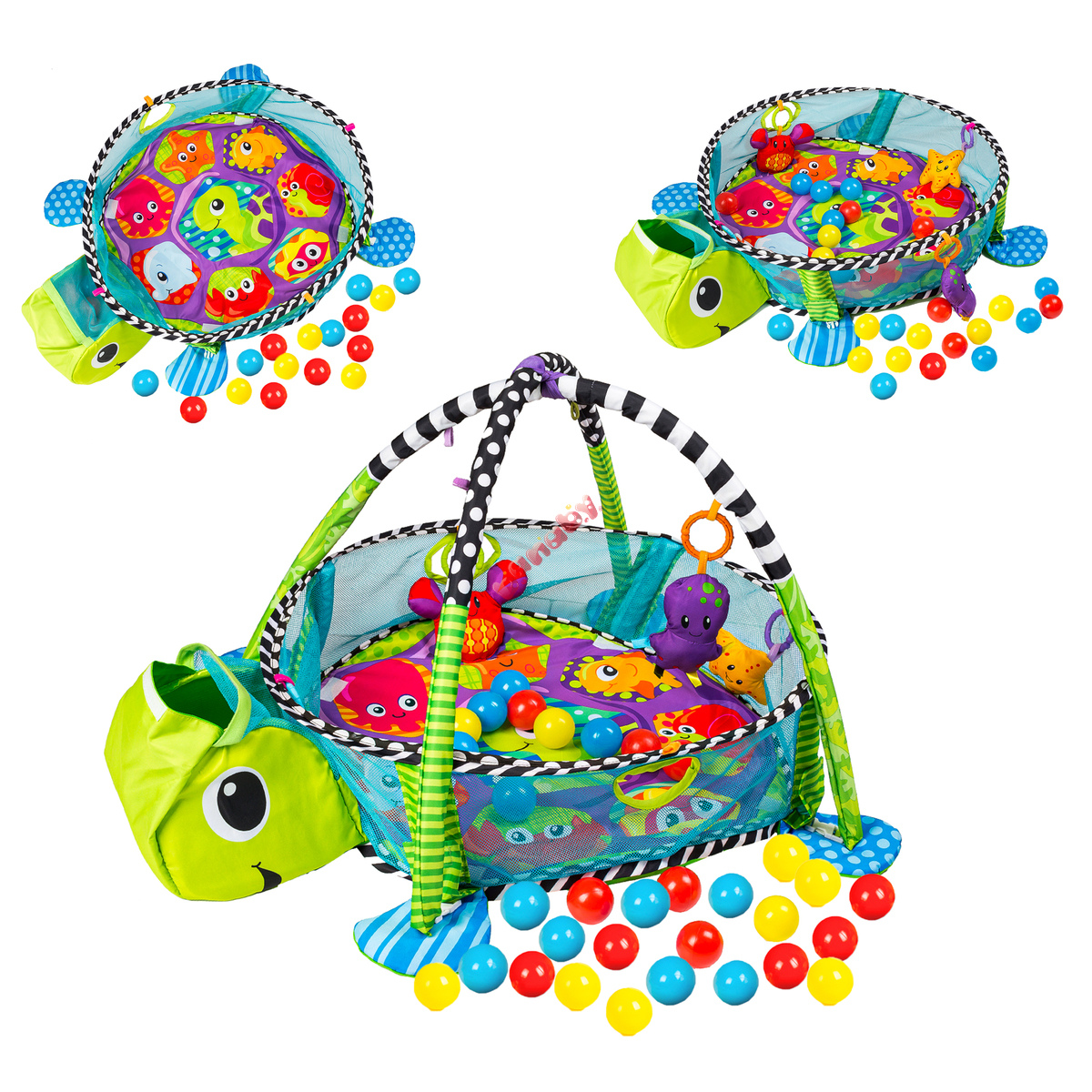 Centru de activitati multifunctional interactiv pentru copii si bebelusi, VisionHub®, 3 in 1 tip tarc, cu Bile moi multicolore si Jucarii interactive, tip Broscuta, 0 luni +
