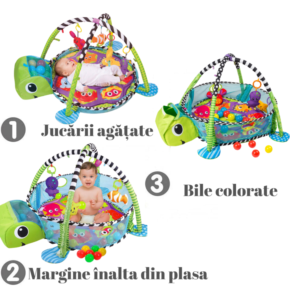 Centru de activitati multifunctional interactiv pentru copii si bebelusi, VisionHub®, 3 in 1 tip tarc, cu Bile moi multicolore si Jucarii interactive, tip Broscuta, 0 luni +