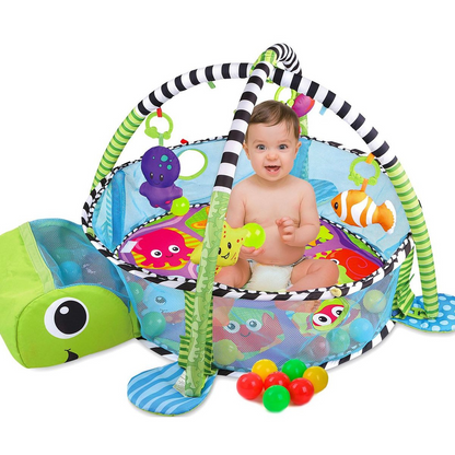 Centru de activitati multifunctional interactiv pentru copii si bebelusi, VisionHub®, 3 in 1 tip tarc, cu Bile moi multicolore si Jucarii interactive, tip Broscuta, 0 luni +