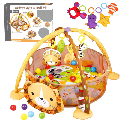 Centru de activitati multifunctional interactiv pentru copii si bebelusi, VisionHub®, 3 in 1 tip tarc, cu Bile moi multicolore si Jucarii interactive, tip Leu, 0 luni +