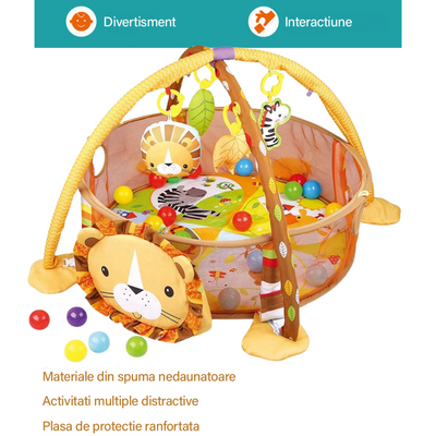 Centru de activitati multifunctional interactiv pentru copii si bebelusi, VisionHub®, 3 in 1 tip tarc, cu Bile moi multicolore si Jucarii interactive, tip Leu, 0 luni +