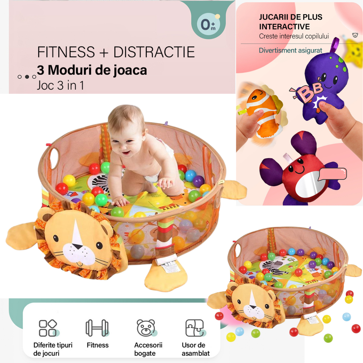 Centru de activitati multifunctional interactiv pentru copii si bebelusi, VisionHub®, 3 in 1 tip tarc, cu Bile moi multicolore si Jucarii interactive, tip Leu, 0 luni +