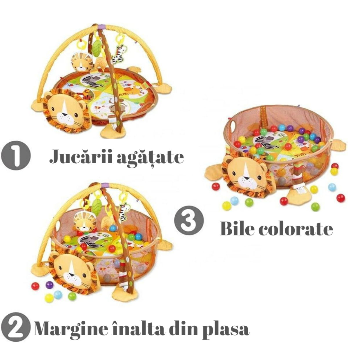 Centru de activitati multifunctional interactiv pentru copii si bebelusi, VisionHub®, 3 in 1 tip tarc, cu Bile moi multicolore si Jucarii interactive, tip Leu, 0 luni +