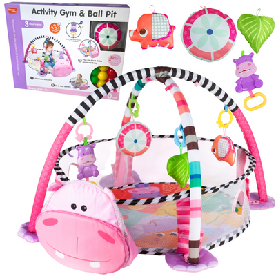 Centru de activitati multifunctional interactiv pentru copii si bebelusi, VisionHub®, 3 in 1 tip tarc, cu Bile moi multicolore si Jucarii interactive, roz, 0 luni +