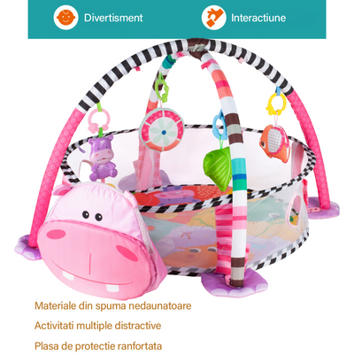 Centru de activitati multifunctional interactiv pentru copii si bebelusi, VisionHub®, 3 in 1 tip tarc, cu Bile moi multicolore si Jucarii interactive, roz, 0 luni +