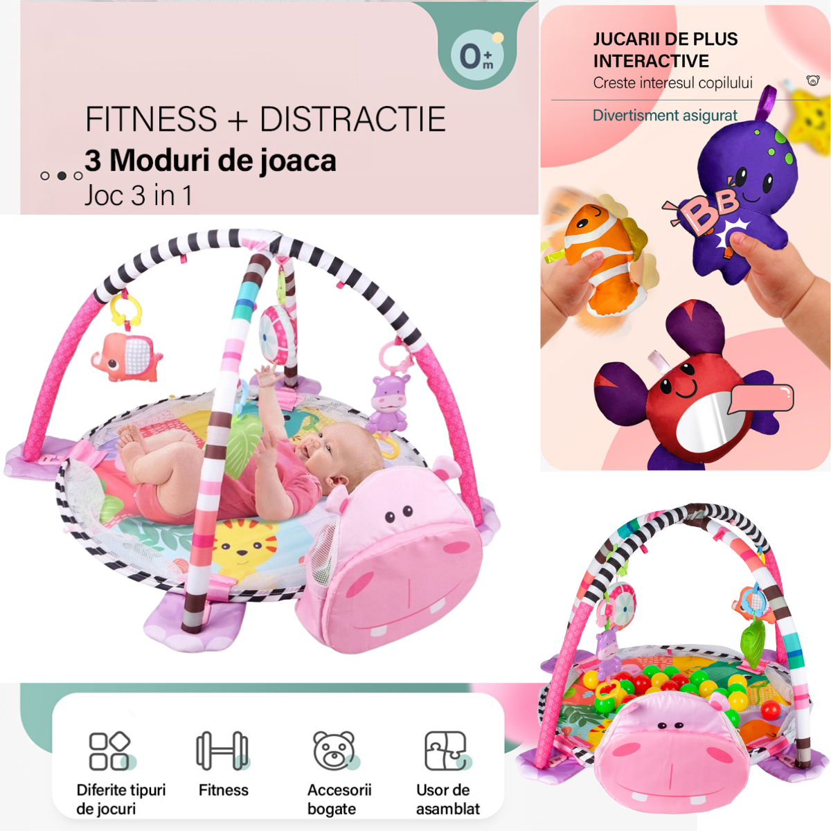 Centru de activitati multifunctional interactiv pentru copii si bebelusi, VisionHub®, 3 in 1 tip tarc, cu Bile moi multicolore si Jucarii interactive, roz, 0 luni +