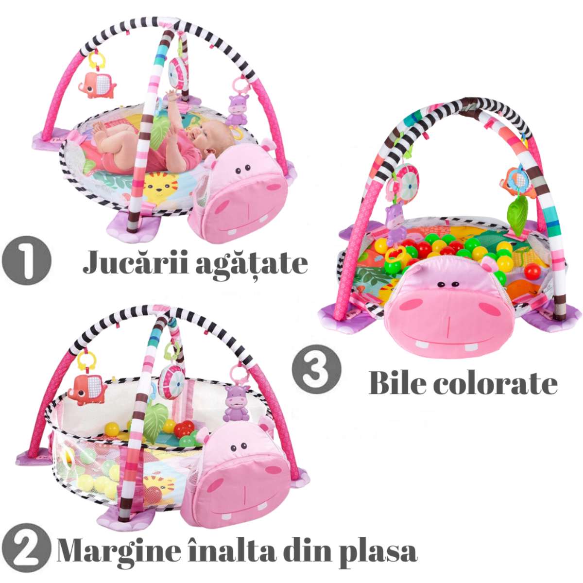 Centru de activitati multifunctional interactiv pentru copii si bebelusi, VisionHub®, 3 in 1 tip tarc, cu Bile moi multicolore si Jucarii interactive, roz, 0 luni +