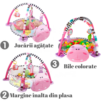 Centru de activitati multifunctional interactiv pentru copii si bebelusi, VisionHub®, 3 in 1 tip tarc, cu Bile moi multicolore si Jucarii interactive, roz, 0 luni +
