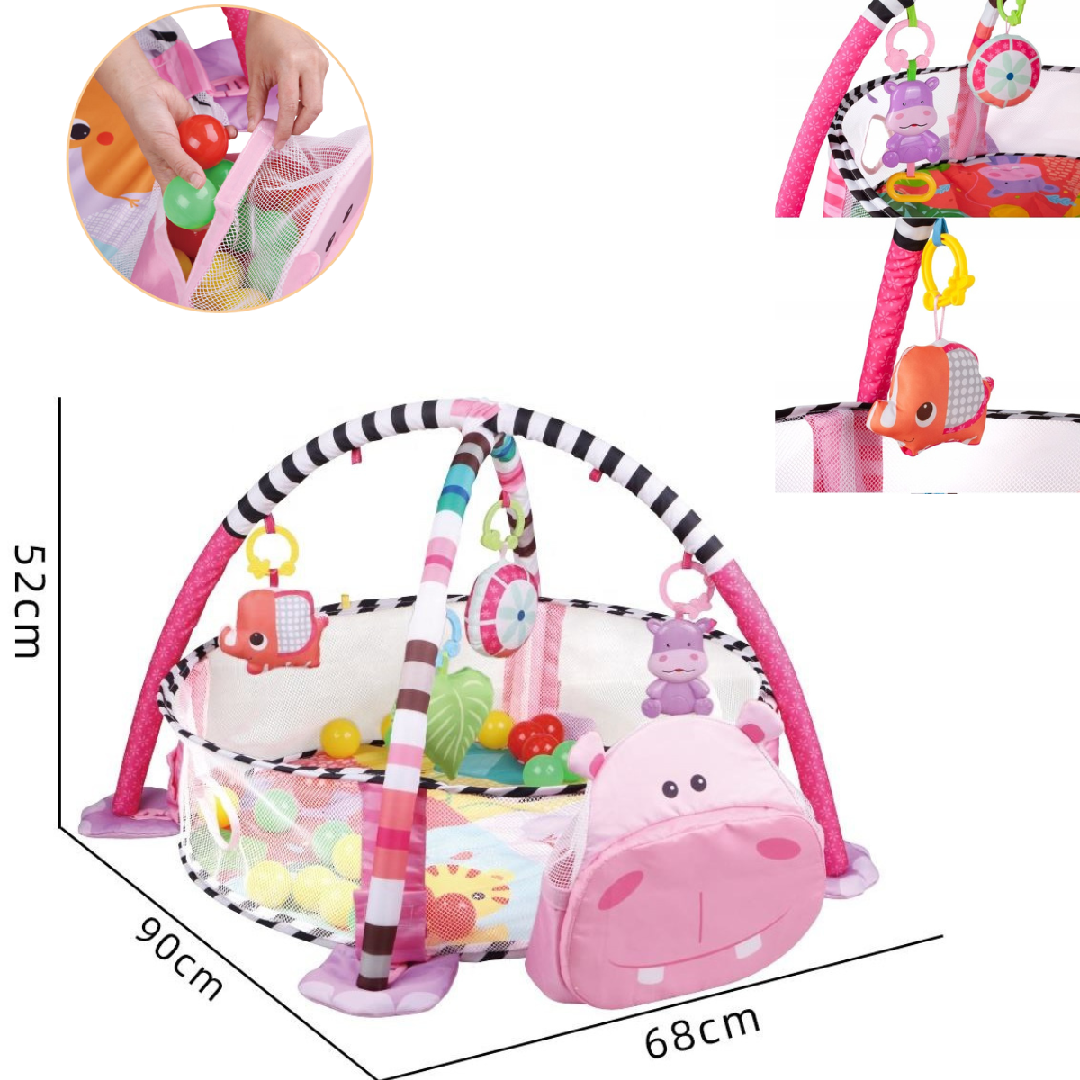 Centru de activitati multifunctional interactiv pentru copii si bebelusi, VisionHub®, 3 in 1 tip tarc, cu Bile moi multicolore si Jucarii interactive, roz, 0 luni +