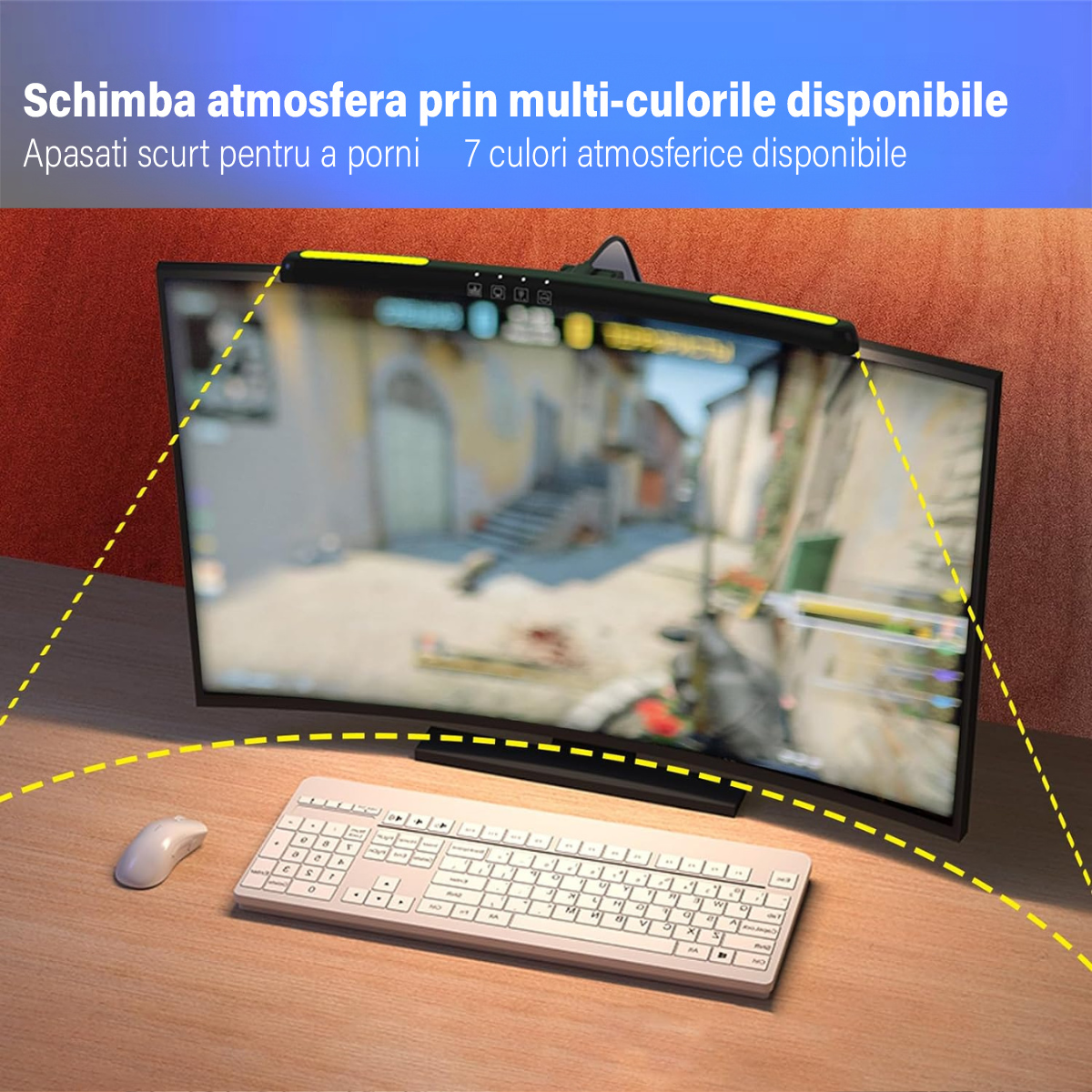 Lampa LED pentru monitor curbat, lumina RGB Gaming Backlight, VisionHub®, protectie a ochilor, Reglabila cu 7 culori, Reglare temperatura lumina 3000k-6500k, USB, touch control, Intesitate Ajustabila, Lungime 40 CM
