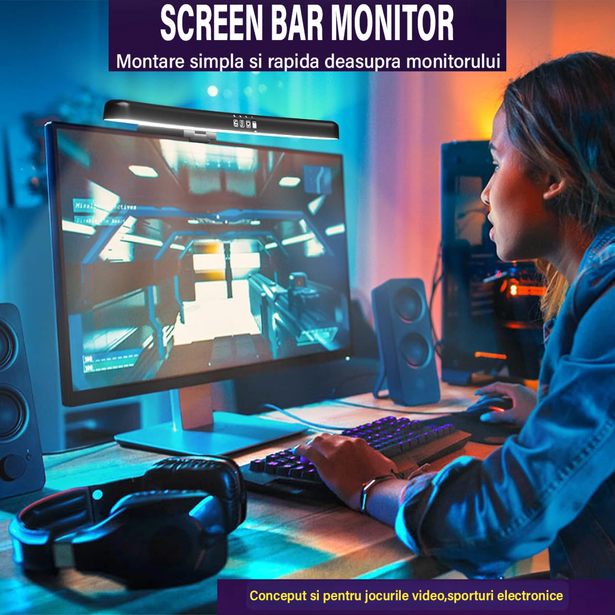 Lampa LED pentru monitor curbat, lumina RGB Gaming Backlight, VisionHub®, protectie a ochilor, Reglabila cu 7 culori, Reglare temperatura lumina 3000k-6500k, USB, touch control, Intesitate Ajustabila, Lungime 40 CM