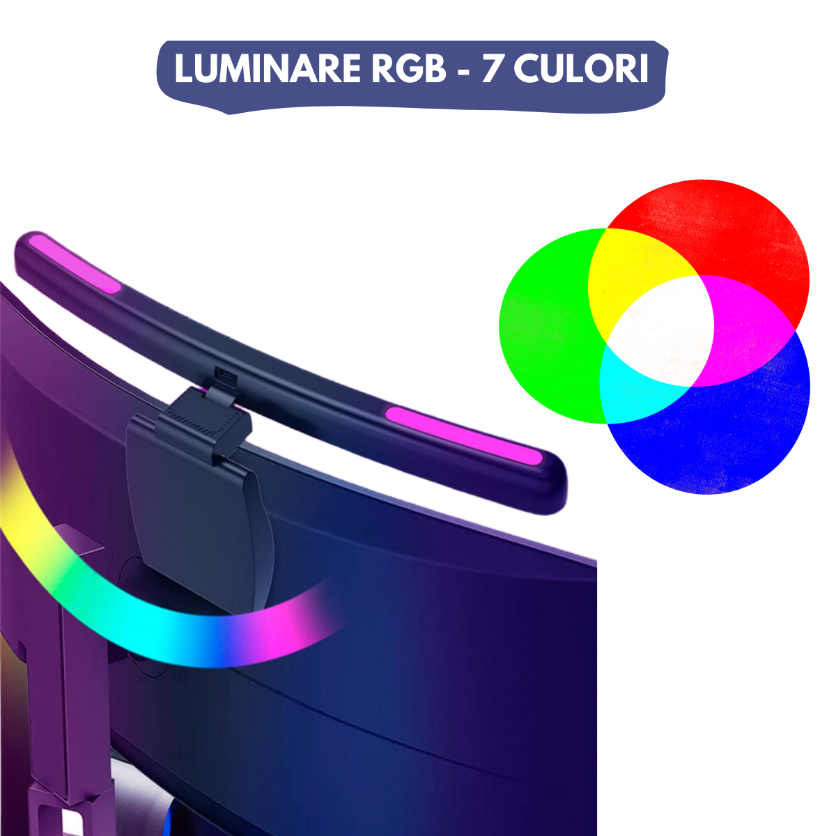 Lampa LED pentru monitor curbat, lumina RGB Gaming Backlight, VisionHub®, protectie a ochilor, Reglabila cu 7 culori, Reglare temperatura lumina 3000k-6500k, USB, touch control, Intesitate Ajustabila, Lungime 40 CM