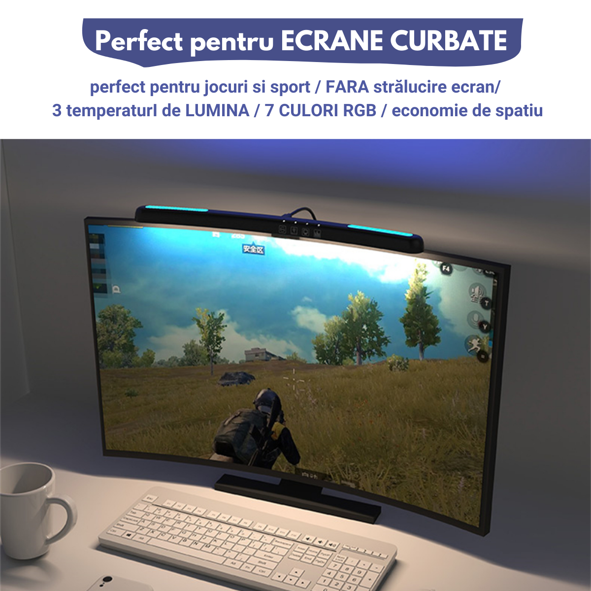 Lampa LED pentru monitor curbat, lumina RGB Gaming Backlight, VisionHub®, protectie a ochilor, Reglabila cu 7 culori, Reglare temperatura lumina 3000k-6500k, USB, touch control, Intesitate Ajustabila, Lungime 40 CM