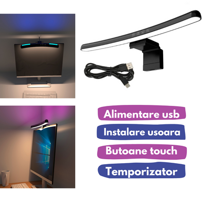 Lampa LED pentru monitor curbat, lumina RGB Gaming Backlight, VisionHub®, protectie a ochilor, Reglabila cu 7 culori, Reglare temperatura lumina 3000k-6500k, USB, touch control, Intesitate Ajustabila, Lungime 40 CM