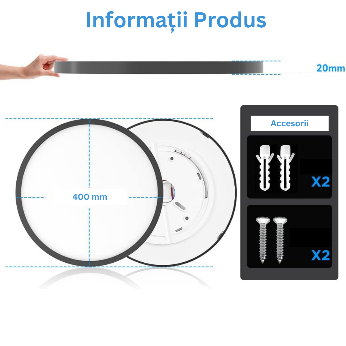 Plafoniera LED Moderna, VisionHub®, Clasa Enegetica A ultra subtire 2cm, pentru interior, in forma rotunda, tri-proof, 38W, lumina alba rece 6500k, diametru 40cm, Negru mat