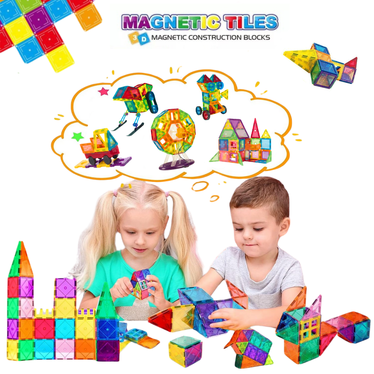 Set de Constructie, Magnetic Tiles 3D, 70 Piese colorate, Jucarie Creativa si Educationala STEM VisionHub®, multiple forme de constructie, Dezvoltarea Abilitatilor Motrice si a Imaginatiei, Multicolor