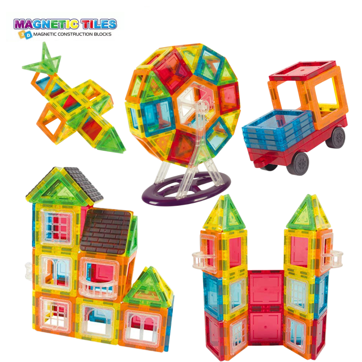 Set de Constructie, Magnetic Tiles 3D, 70 Piese colorate, Jucarie Creativa si Educationala STEM VisionHub®, multiple forme de constructie, Dezvoltarea Abilitatilor Motrice si a Imaginatiei, Multicolor