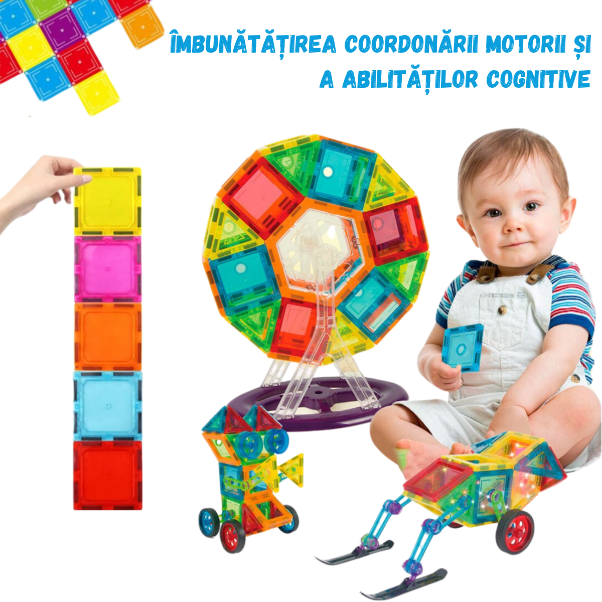 Set de Constructie, Magnetic Tiles 3D, 70 Piese colorate, Jucarie Creativa si Educationala STEM VisionHub®, multiple forme de constructie, Dezvoltarea Abilitatilor Motrice si a Imaginatiei, Multicolor