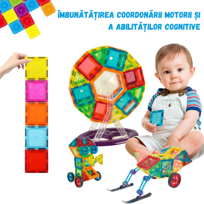 Set de Constructie, Magnetic Tiles 3D, 70 Piese colorate, Jucarie Creativa si Educationala STEM VisionHub®, multiple forme de constructie, Dezvoltarea Abilitatilor Motrice si a Imaginatiei, Multicolor