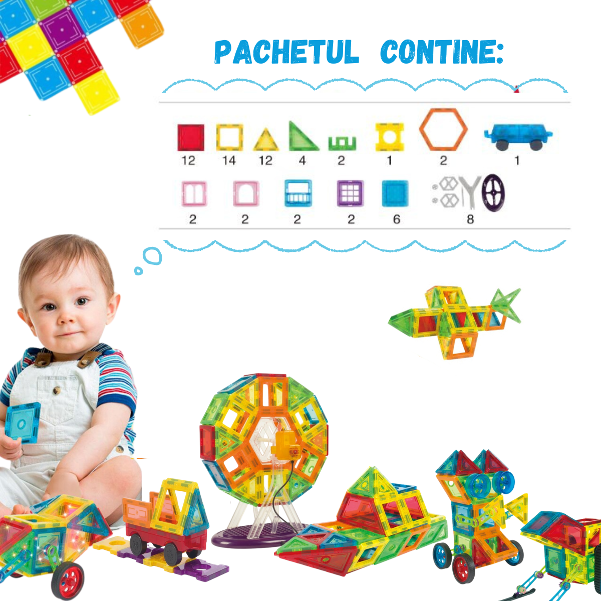 Set de Constructie, Magnetic Tiles 3D, 70 Piese colorate, Jucarie Creativa si Educationala STEM VisionHub®, multiple forme de constructie, Dezvoltarea Abilitatilor Motrice si a Imaginatiei, Multicolor
