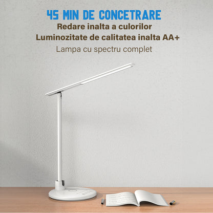 Lampa de birou/ noptiera LED, incarcare Wireless 10w pentru telefon Andoid si IOS, Pliabila cu protectie a ochilor, lumina pentru studiu, Control tactil, reglare intensitate, lumina in 5 culori calda/rece 2900k-6000k, Temporizator inchidere