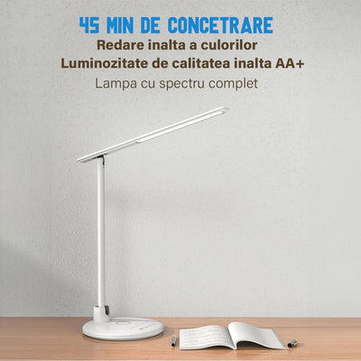 Lampa de birou/ noptiera LED, incarcare Wireless 10w pentru telefon Andoid si IOS, Pliabila cu protectie a ochilor, lumina pentru studiu, Control tactil, reglare intensitate, lumina in 5 culori calda/rece 2900k-6000k, Temporizator inchidere