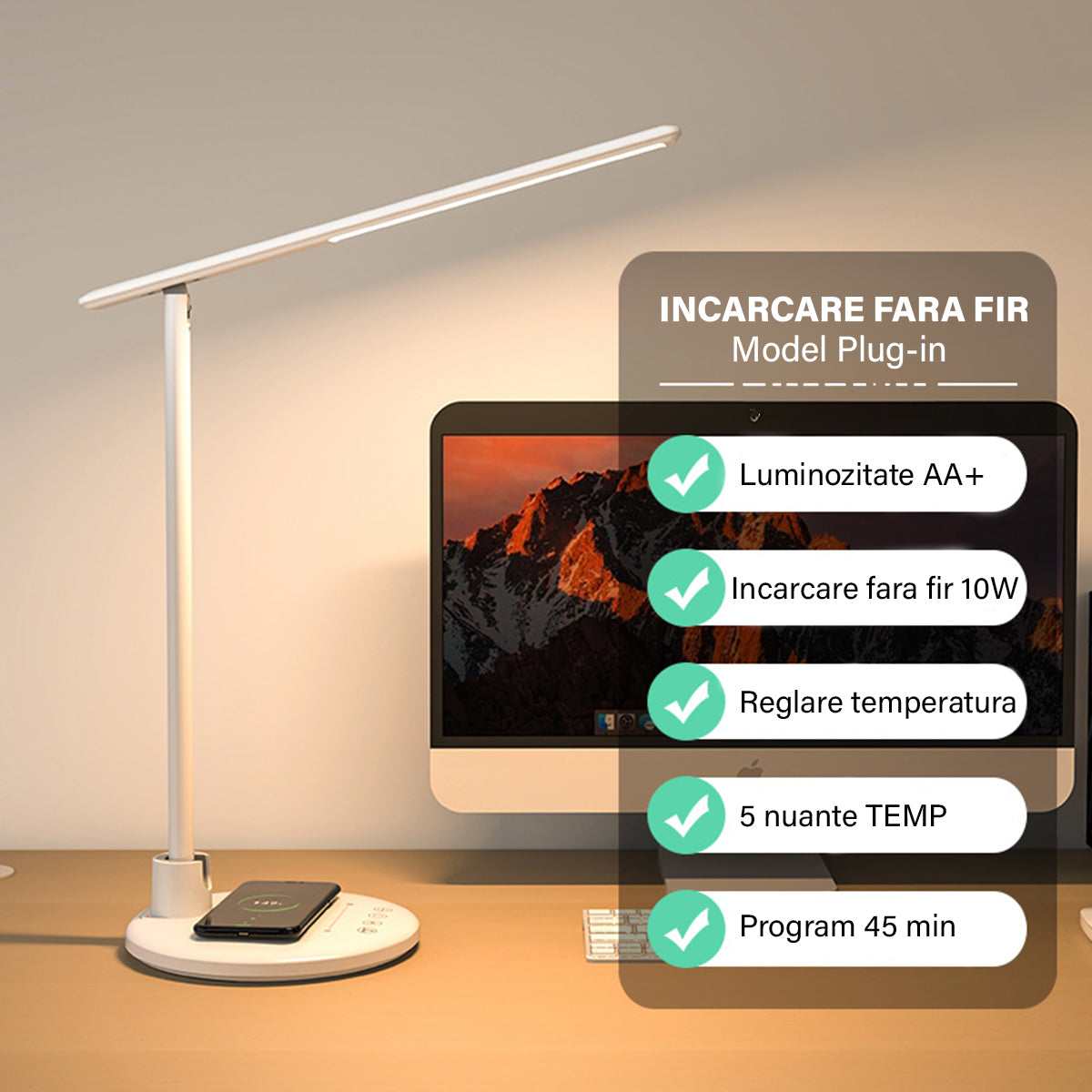 Lampa de birou/ noptiera LED, incarcare Wireless 10w pentru telefon Andoid si IOS, Pliabila cu protectie a ochilor, lumina pentru studiu, Control tactil, reglare intensitate, lumina in 5 culori calda/rece 2900k-6000k, Temporizator inchidere
