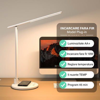Lampa de birou/ noptiera LED, incarcare Wireless 10w pentru telefon Andoid si IOS, Pliabila cu protectie a ochilor, lumina pentru studiu, Control tactil, reglare intensitate, lumina in 5 culori calda/rece 2900k-6000k, Temporizator inchidere