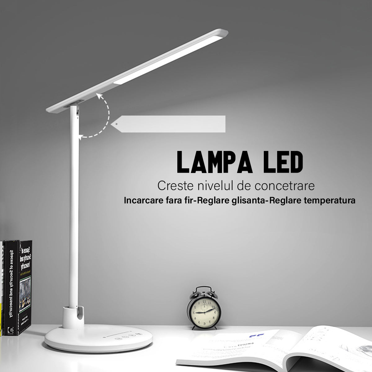 Lampa de birou/ noptiera LED, incarcare Wireless 10w pentru telefon Andoid si IOS, Pliabila cu protectie a ochilor, lumina pentru studiu, Control tactil, reglare intensitate, lumina in 5 culori calda/rece 2900k-6000k, Temporizator inchidere
