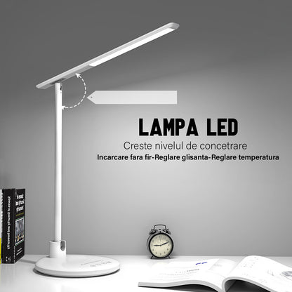 Lampa de birou/ noptiera LED, incarcare Wireless 10w pentru telefon Andoid si IOS, Pliabila cu protectie a ochilor, lumina pentru studiu, Control tactil, reglare intensitate, lumina in 5 culori calda/rece 2900k-6000k, Temporizator inchidere