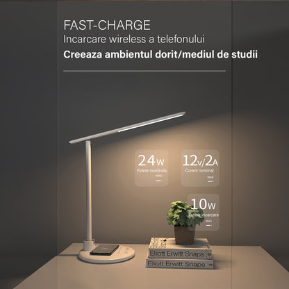 Lampa de birou/ noptiera LED, incarcare Wireless 10w pentru telefon Andoid si IOS, Pliabila cu protectie a ochilor, lumina pentru studiu, Control tactil, reglare intensitate, lumina in 5 culori calda/rece 2900k-6000k, Temporizator inchidere