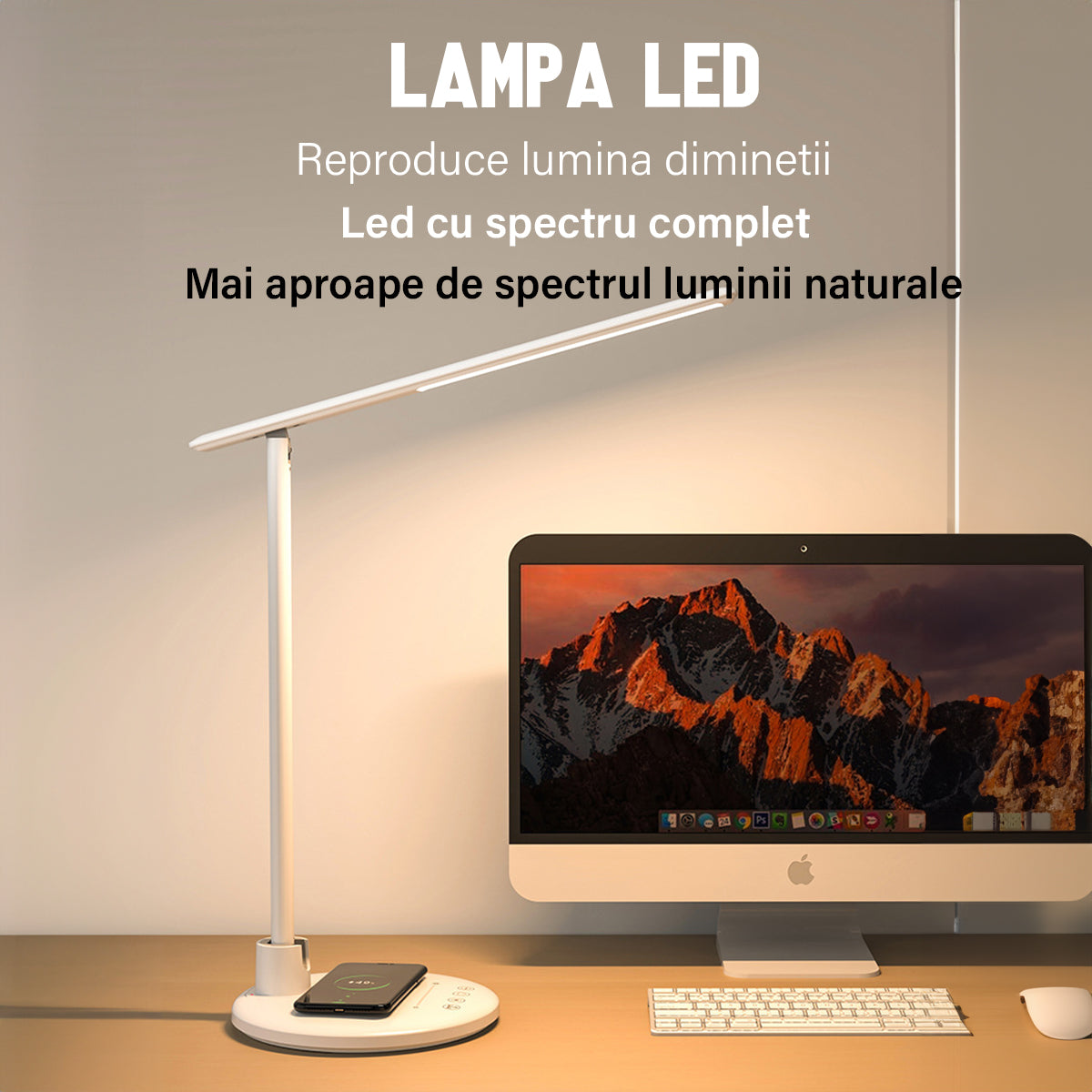 Lampa de birou/ noptiera LED, incarcare Wireless 10w pentru telefon Andoid si IOS, Pliabila cu protectie a ochilor, lumina pentru studiu, Control tactil, reglare intensitate, lumina in 5 culori calda/rece 2900k-6000k, Temporizator inchidere