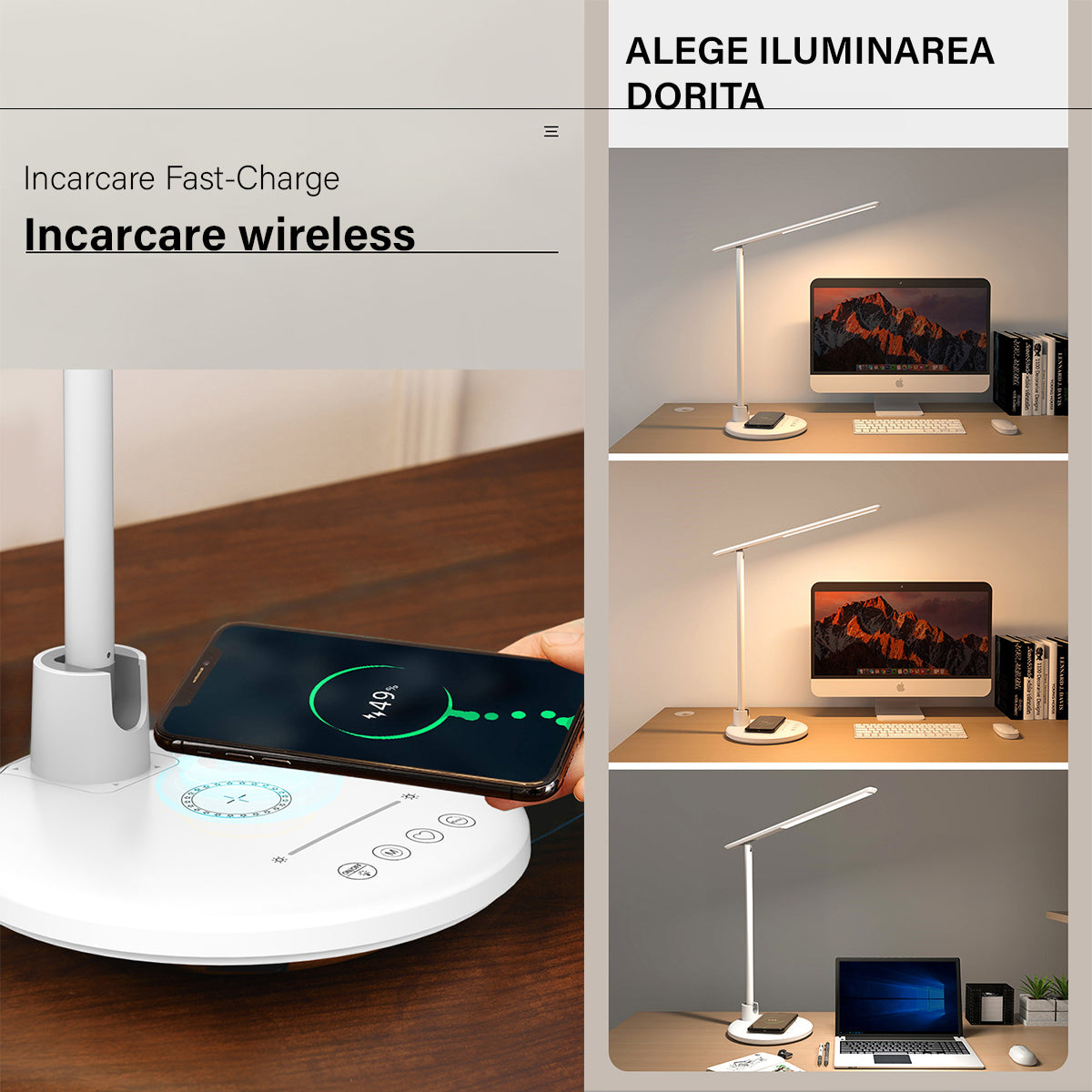 Lampa de birou/ noptiera LED, incarcare Wireless 10w pentru telefon Andoid si IOS, Pliabila cu protectie a ochilor, lumina pentru studiu, Control tactil, reglare intensitate, lumina in 5 culori calda/rece 2900k-6000k, Temporizator inchidere
