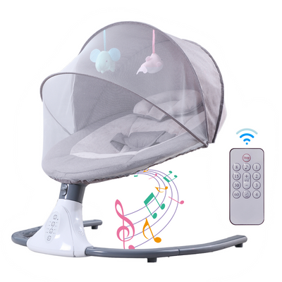 Leagan Electric Multifunctional Pentru Bebelusi, VisionHub®, Conexiune Bluetooth, Telecomanda, Reglabil cu 4 viteze, Jucarii si Melodii, Balansoar Copii cu Acoperis Rabatabil si Plasa Protectie Tantari, Gri