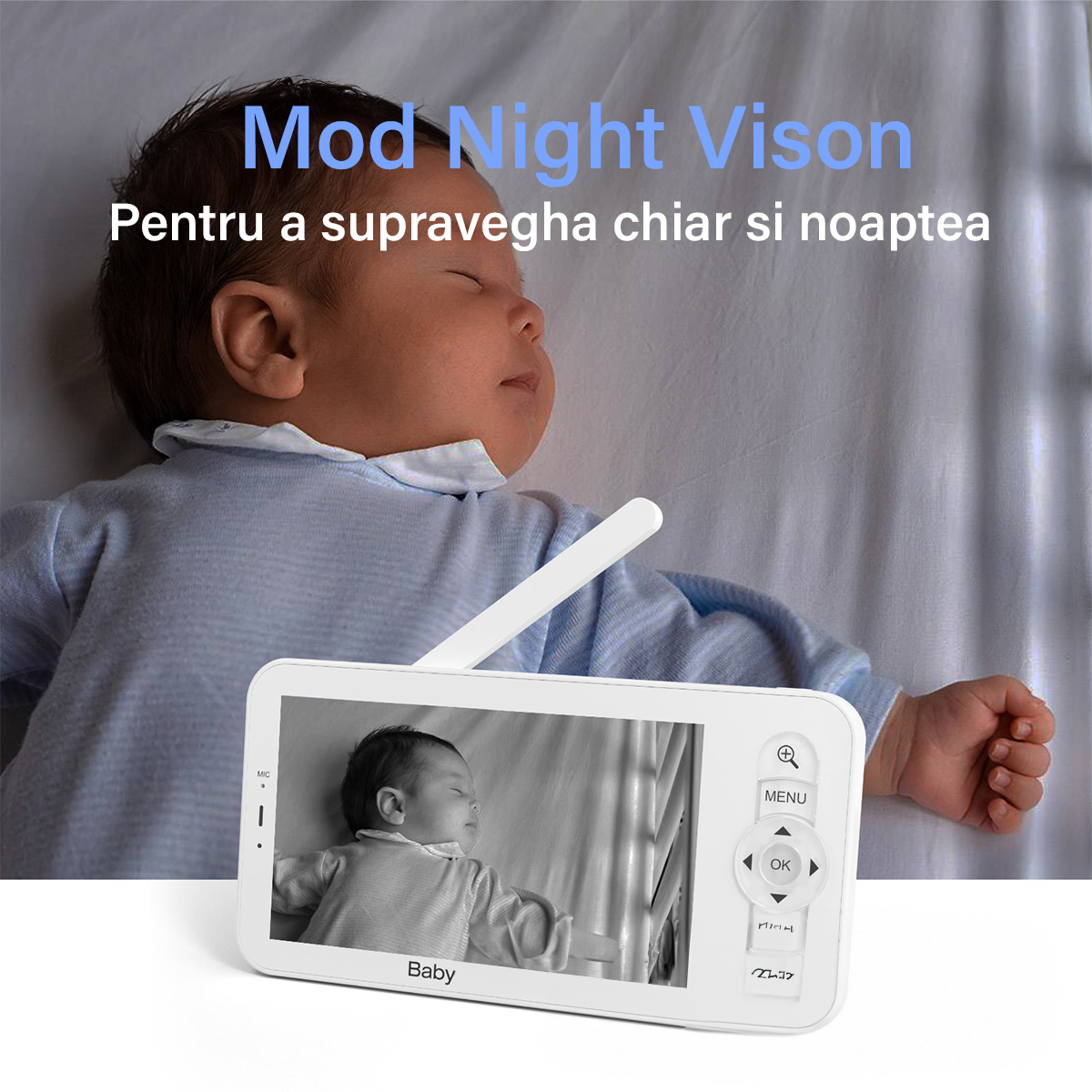 Baby Monitor WiFi 2in1 cu Camera Audio-Video Multi View, VisionHub®, UltraHD/5” Night Vision, Aplicatie Telefon, Rotire 355°/90°, Zoom 4X pentru Supraveghere Bebe, 3000mAh, Notificari Miscare, Sunet, Temperatura, Umiditate, Cantece, Mod ECO