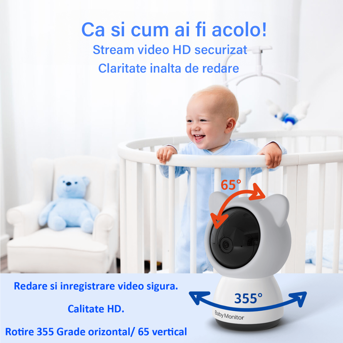 Baby Monitor WiFi 2in1 cu Camera Audio-Video Multi View, VisionHub®, UltraHD/5” Night Vision, Aplicatie Telefon, Rotire 355°/90°, Zoom 4X pentru Supraveghere Bebe, 3000mAh, Notificari Miscare, Sunet, Temperatura, Umiditate, Cantece, Mod ECO