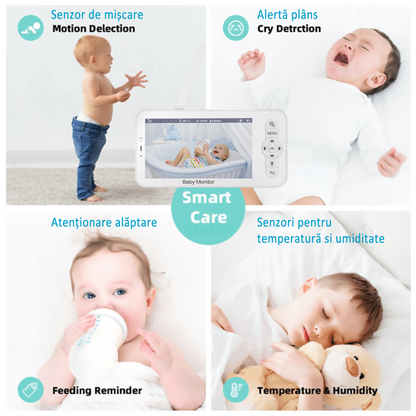Baby Monitor WiFi 2in1 cu Camera Audio-Video Multi View, VisionHub®, UltraHD/5” Night Vision, Aplicatie Telefon, Rotire 355°/90°, Zoom 4X pentru Supraveghere Bebe, 3000mAh, Notificari Miscare, Sunet, Temperatura, Umiditate, Cantece, Mod ECO