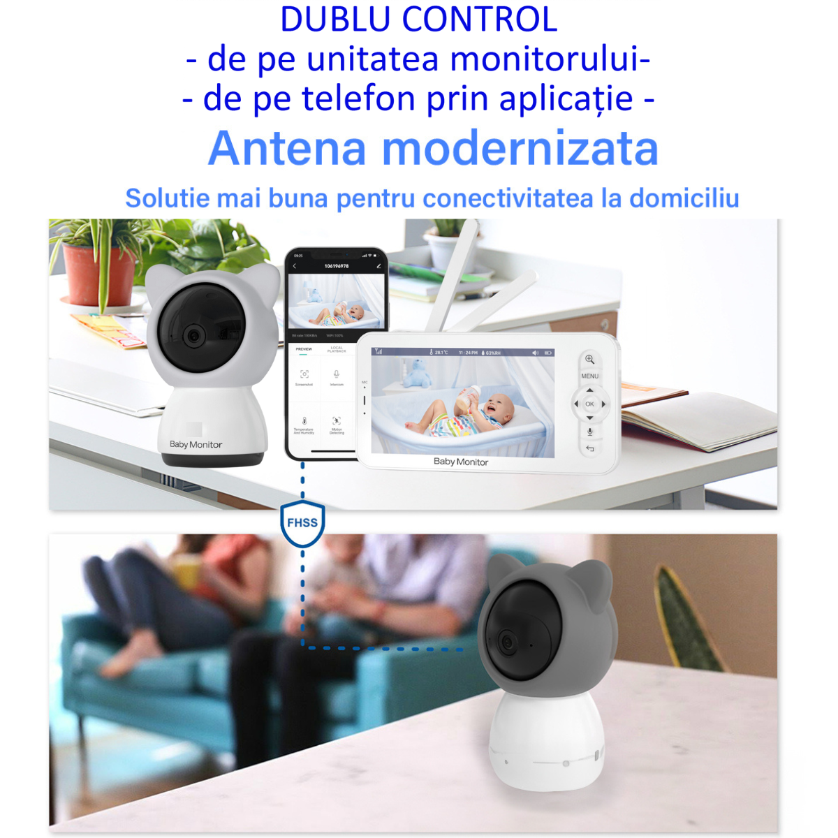 Baby Monitor WiFi 2in1 cu Camera Audio-Video Multi View, VisionHub®, UltraHD/5” Night Vision, Aplicatie Telefon, Rotire 355°/90°, Zoom 4X pentru Supraveghere Bebe, 3000mAh, Notificari Miscare, Sunet, Temperatura, Umiditate, Cantece, Mod ECO