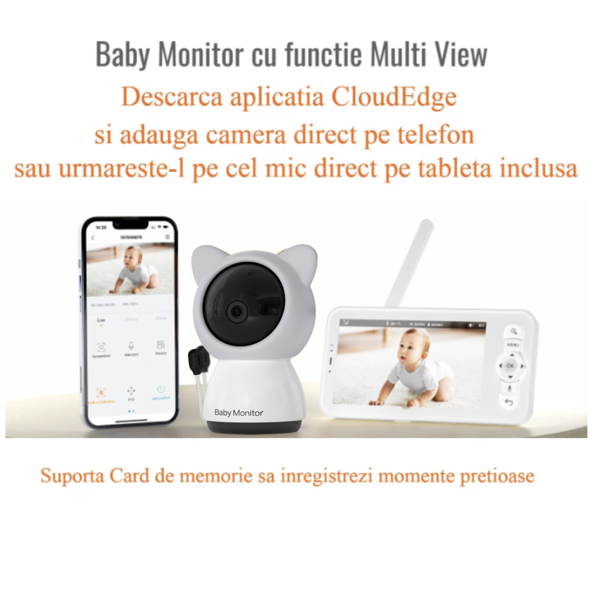 Baby Monitor WiFi 2in1 cu Camera Audio-Video Multi View, VisionHub®, UltraHD/5” Night Vision, Aplicatie Telefon, Rotire 355°/90°, Zoom 4X pentru Supraveghere Bebe, 3000mAh, Notificari Miscare, Sunet, Temperatura, Umiditate, Cantece, Mod ECO
