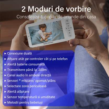 Baby Monitor WiFi 2in1 cu Camera Audio-Video Multi View, VisionHub®, UltraHD/5” Night Vision, Aplicatie Telefon, Rotire 355°/90°, Zoom 4X pentru Supraveghere Bebe, 3000mAh, Notificari Miscare, Sunet, Temperatura, Umiditate, Cantece, Mod ECO