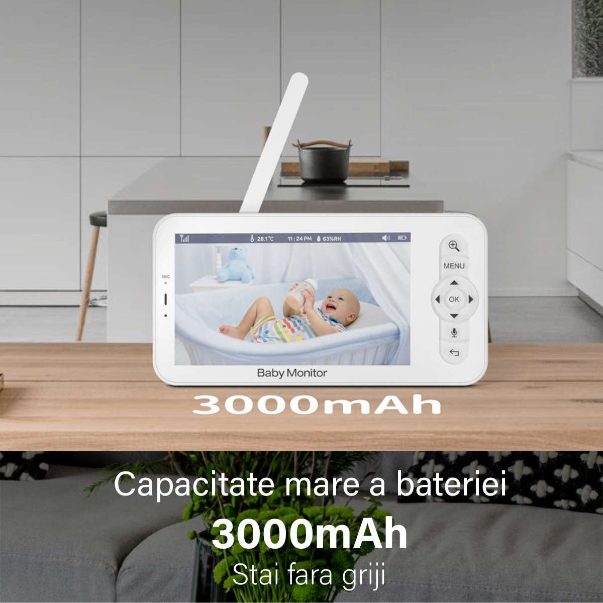 Baby Monitor WiFi 2in1 cu Camera Audio-Video Multi View, VisionHub®, UltraHD/5” Night Vision, Aplicatie Telefon, Rotire 355°/90°, Zoom 4X pentru Supraveghere Bebe, 3000mAh, Notificari Miscare, Sunet, Temperatura, Umiditate, Cantece, Mod ECO
