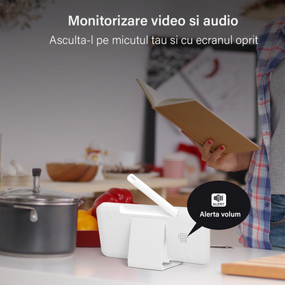 Baby Monitor WiFi 2in1 cu Camera Audio-Video Multi View, VisionHub®, UltraHD/5” Night Vision, Aplicatie Telefon, Rotire 355°/90°, Zoom 4X pentru Supraveghere Bebe, 3000mAh, Notificari Miscare, Sunet, Temperatura, Umiditate, Cantece, Mod ECO