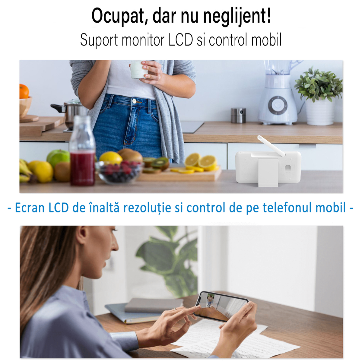 Baby Monitor WiFi 2in1 cu Camera Audio-Video Multi View, VisionHub®, UltraHD/5” Night Vision, Aplicatie Telefon, Rotire 355°/90°, Zoom 4X pentru Supraveghere Bebe, 3000mAh, Notificari Miscare, Sunet, Temperatura, Umiditate, Cantece, Mod ECO