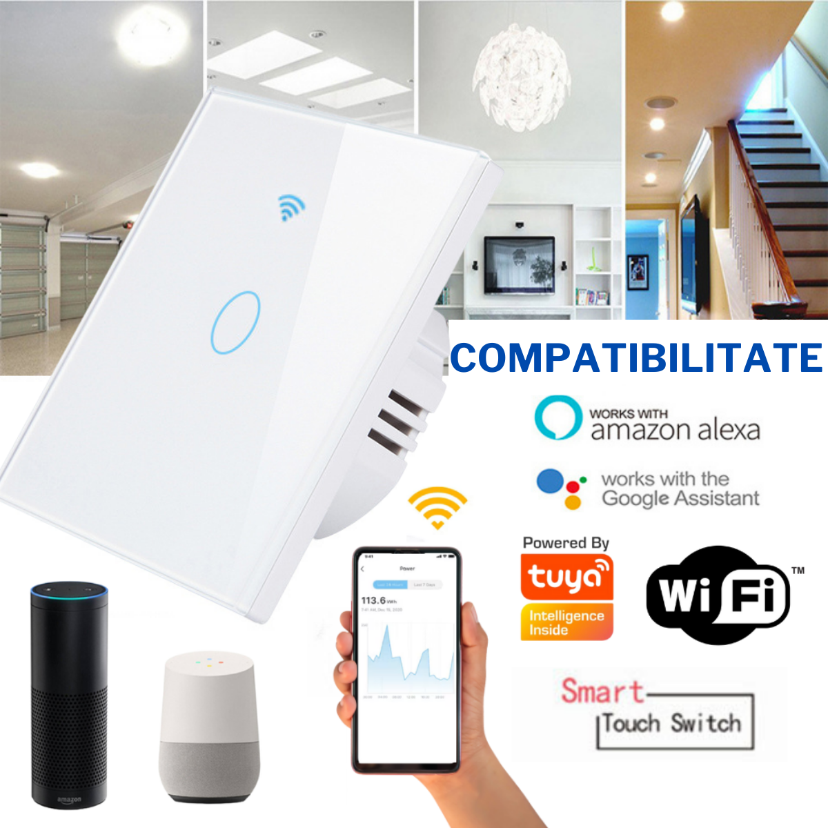Intrerupator inteligent cu touch, Wireless, VisionHub®, Wi-fi, 1 Canal, din Sticla Securizata, Compatibil iOS/Android, Tuya, Amazon Alexa/Google Assistant, rezistent la zgarieturi, ideal pentru birou, camera de zi, dormitor, baie si bucatarie, Alb